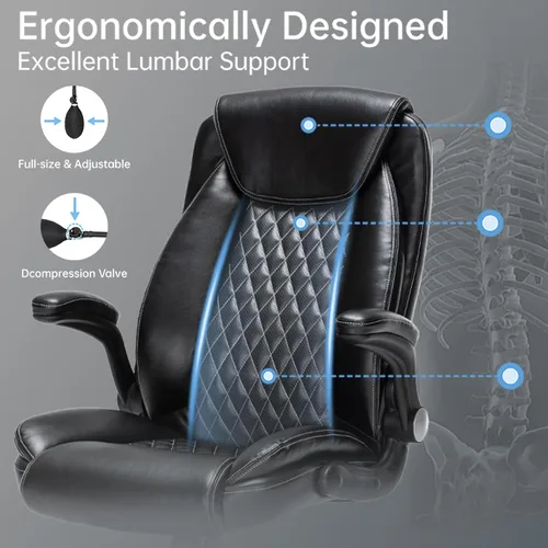 Miniatura 5 de Silla de oficina ejecutiva de alta resistencia con diseño ergonómico, silla de piel sintética de 300 libras con soporte lumbar ajustable, giro