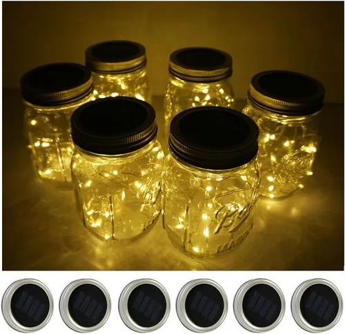 Miniatura 8 de Juego de 6 luces solares para tapa de tarro, paquete de 20 luces LED impermeables con diseño de estrella de hadas y luciérnaga, para decoración