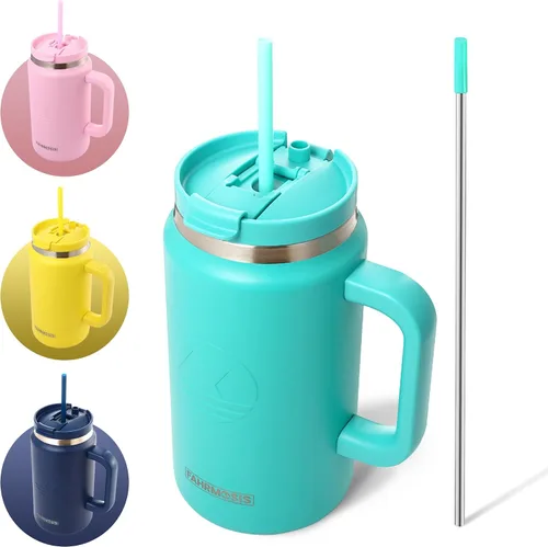 Miniatura 7 de FAHRMOSIS Vaso de 40 onzas con asa y pajita, taza aislada que cabe en el portavasos para bebidas frías y calientes, vaso a prueba de fugas