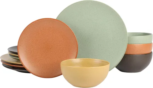 Gibson Elite Capetown - Vajilla redonda de cerámica de esmalte reactivo de colores surtidos, negro, amarillo, naranja, verde, servicio para cuatro