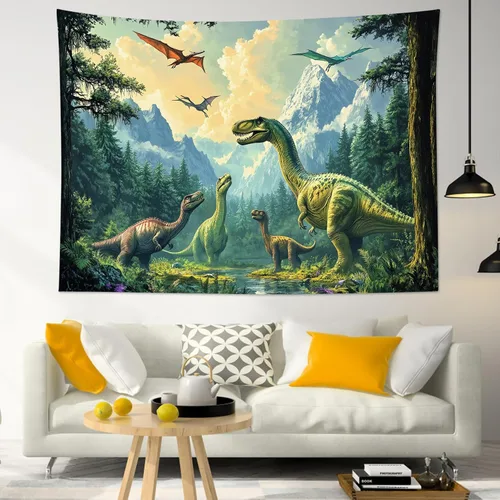 Miniatura 16 de HVEST Tapiz de dinosaurio salvaje y antiguo depredador para colgar en la pared, bosque tropical con árboles verdes y montañas, tapices de pared