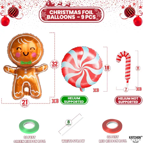 Miniatura 2 de KatchOn, Globos de jengibre y bastón de caramelo, 32 pulgadas, paquete de 9, globos de Navidad para decoraciones navideñas de pan de jengibre