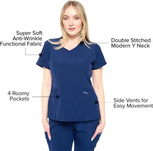 Miniatura 3 de Dagacci Medical Uniform Conjunto de uniforme médico elástico en 4 direcciones con cuello en Y para mujer