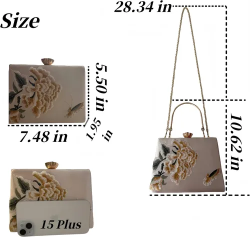 Miniatura 4 de Bolso bordado de seda para mujer, bolso de hombro rectangular, bolso cruzado para banquete de boda