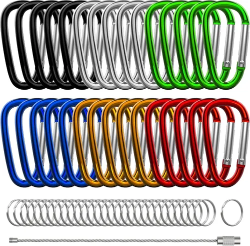 Miniatura 10 de 30 piezas de mosquetones de aluminio, mosquetones de resorte en forma de D de 2" con 30 llaveros de gancho para llavero