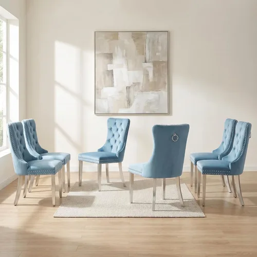 Miniatura 120 de OVENTA Juego de 4 sillas de comedor modernas tapizadas copetudas, terciopelo negro y gris y cuero con patas de madera maciza, sillas de cocina