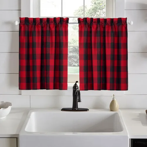 Elrene Home Fashions Farmhouse Living Juego de Cortinas de Ventana Navideñas Tipo Tier, 30"X36", Rojo/Negro Rojo y negro