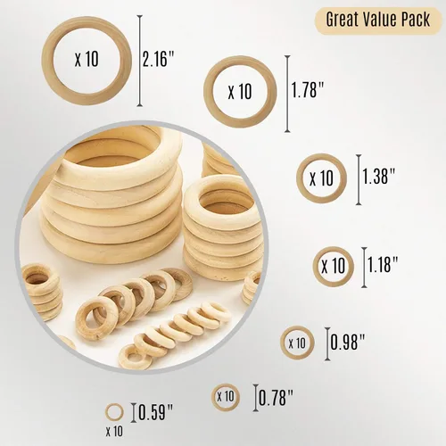 Miniatura 2 de NNHOM 70 anillos de madera para macramé, 7 tamaños de círculos de madera para manualidades, anillos para manualidades, fabricación de joyas