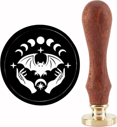 CRASPIRE Sello de cera de murciélago con diseño de luna, 1.181 in, retro, vintage, extraíble, latón, cabeza con mango de madera, para invitaciones