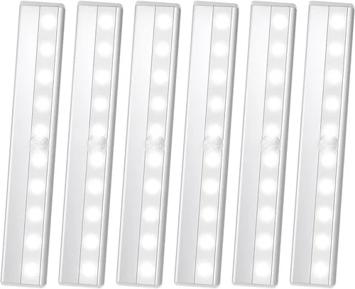 Miniatura 8 de Paquete de 4 luces LED con sensor de movimiento, 10 luces LED para armario, funciona con pilas, barra de luz nocturna magnética adhesiva