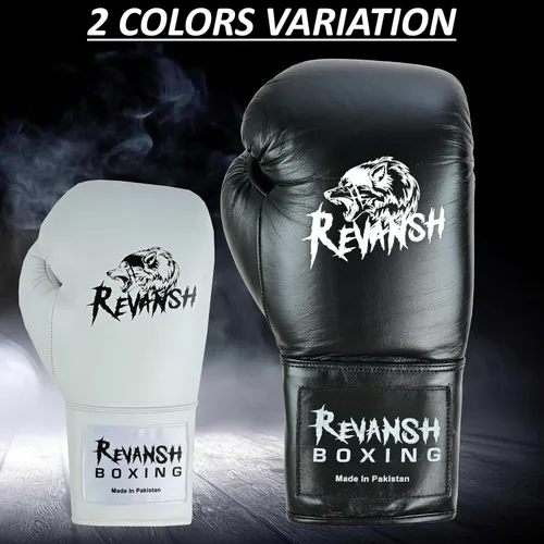 Miniatura 2 de Revansh Prolace - Guantes de boxeo de piel de vacuno, unisex, entrenamiento profesional y sparring, color blanco y negro, tamaños: 12 onzas, 14