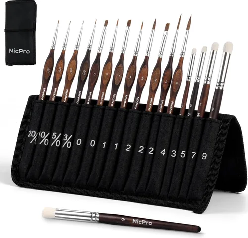 Nicpro 16 piezas pinceles de pintura en miniatura Kolinsky Sable, juego de pinceles para modelismo profesional con rollo de tela, juego de pinceles
