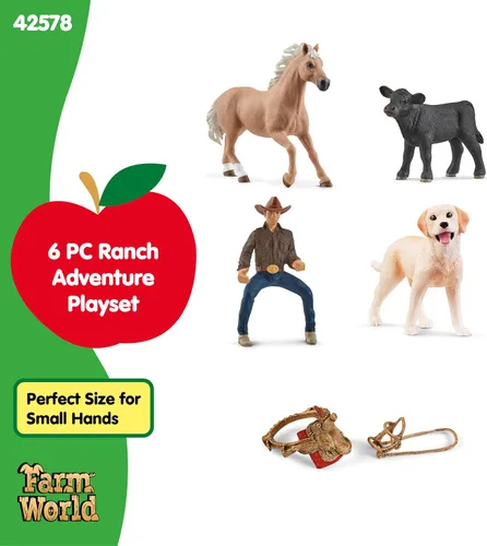 Miniatura 5 de Schleich Farm World - Juego de 6 piezas para rodeo de ternero - Figura de jinete de vaquero con figura de caballo, vaca y perro - Juguetes