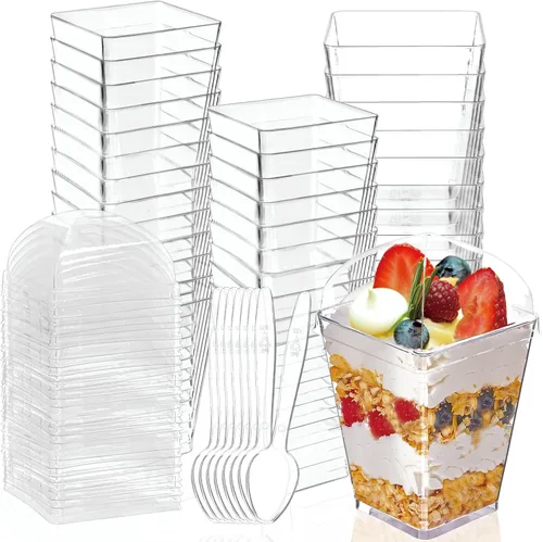 Miniatura 9 de Hiasobre Paquete de 100 vasos de postre de plástico transparente de 5 onzas con tapas y cucharas, tazas cuadradas reutilizables para aperitivos