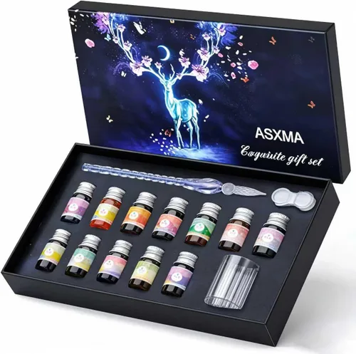 Juego de bolígrafos de caligrafía de cristal, 14 piezas, 12 tintas de color, soporte para bolígrafos, taza de limpieza, 1 bolígrafos de cristal para