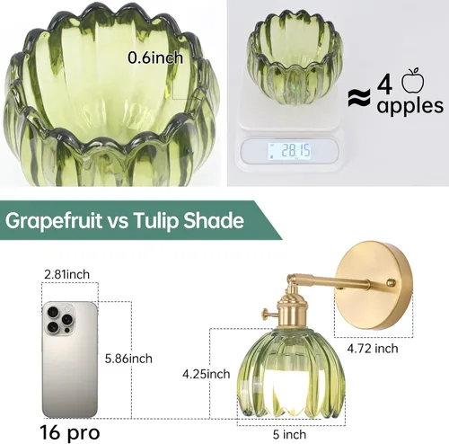 Miniatura 4 de Shenmoyl Aplique de Pared Vintage Operado por Batería con Linda Campana de Vidrio Tulipán Verde, Recargable Inalámbrica, Luz de Pared con Control