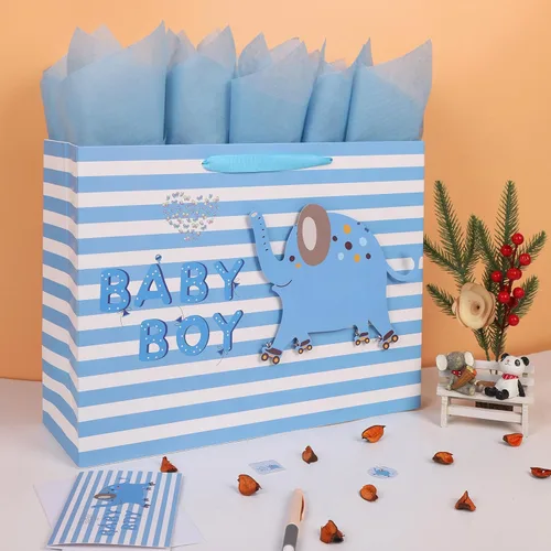 Miniatura 5 de Set de bolsa de regalo extra grande de 16.5” para bebé niño con asas, tarjeta de felicitación, papeles de seda azules y pegatinas para niños