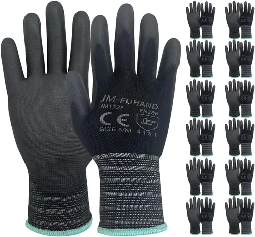 Miniatura 9 de Guantes de trabajo de seguridad ultrafinos con revestimiento de poliuretano (poliuretano), 12 pares, ideales para trabajos ligeros (gris, pequeño)