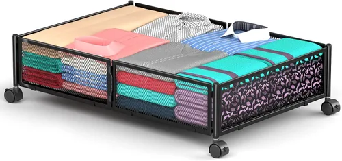 Miniatura 9 de Almacenamiento Debajo de la Cama con Ruedas, Contenedores de Almacenamiento Debajo de la Cama de Metal Calado con Patrón Plegable, Almacenamiento
