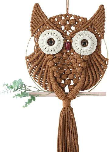 Miniatura 17 de MVSUTA Owl Burgundy Cotton Handmade Macrame Wall Hanging Tapestry Home Decor Art and Red Craft Wonderful Decoration Woven Boho Ornament for Office