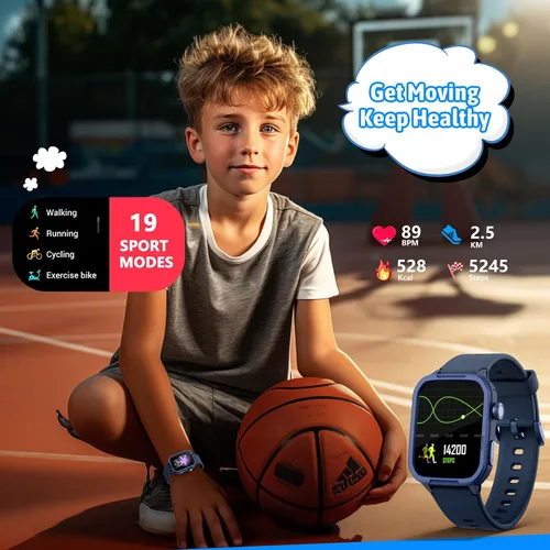 Miniatura 4 de Reloj inteligente para niños, no necesita teléfono, rastreador de fitness de vidrio templado para niños y adolescentes con 19 modos deportivos, Azul
