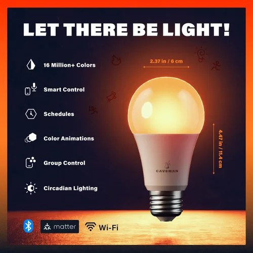 Caveman Matter & WiFi - Bombilla LED inteligente A19, cambio de color RGBW, blanco cálido y frío sintonizable, 800 lm (equivalente a 60 W) - Alexa,