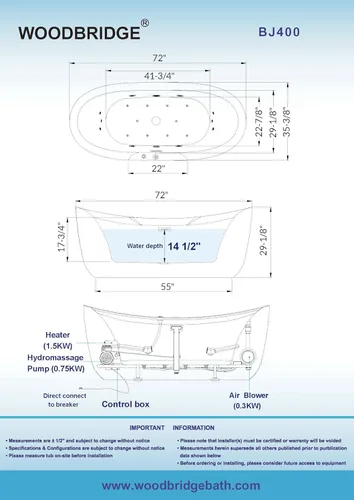 Miniatura 5 de WOODBRIDGE Bañera combinada de remojo climatizada de 72 "x 35-3/8" con chorro de agua y burbujas de aire con panel de control LED, BJ400 Drenaje