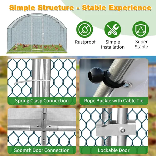 Miniatura 5 de VINGLI Gallinero grande de metal, espaciosa jaula para aves de corral con cubierta impermeable y anti-UV, corral para pollo al aire libre