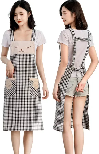 Miniatura 20 de NEWGEM Delantal 100% algodón con espalda cruzada para mujer con 2 bolsillos, correas de botón ajustables, sin dolor de cuello, delantal de chef