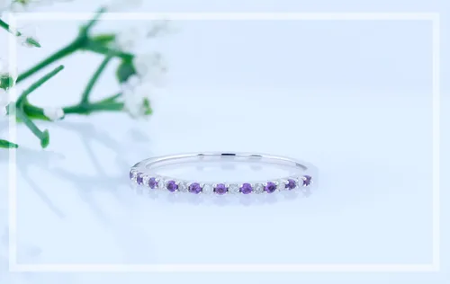 Miniatura 4 de Anillo apilable redondo de oro de 14 quilates con amatista y diamante blanco para mujer