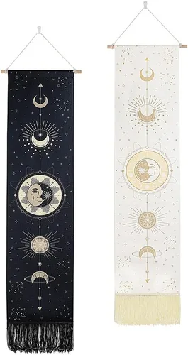 Miniatura 12 de Ochine Paquete de 2 tapices de fase lunar para colgar en la pared, tapices bohemios, fases blancas y negras, decoración del hogar para sala de estar