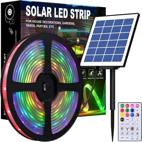 Miniatura 14 de MIHEAL Tira de luces LED solares para exteriores, 16.4 pies, 280 luces LED, funciona con energía solar, tira LED que cambia de color con 8 modos