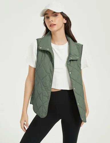 Miniatura 6 de Flygo Chaleco acolchado para mujer, con cuello alto, ligero, con botones, acolchado, con bolsillos