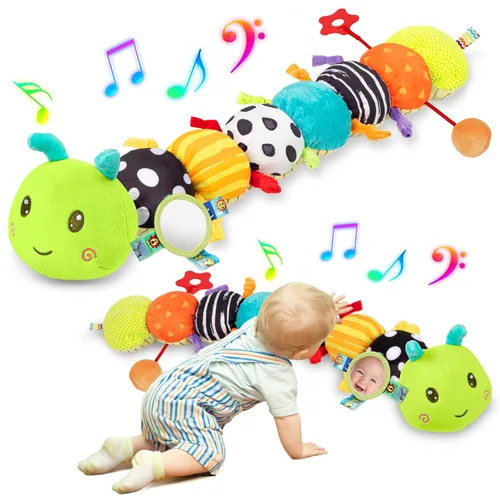 Juguetes Sensoriales para Bebés de 0-6 6-12 Meses, Oruga de Peluche Musical con Sonido Arrugado y Sonajero, Juguetes para Tiempo Boca Abajo para