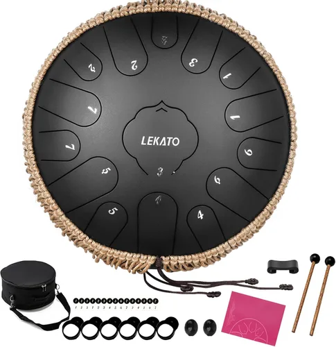 Tambor de Lengua de Acero de 13 Pulgadas 15 Notas, LEKATO Tambor de Acero Clave C Principiante/Profesional Zen Tambor de Percusión para Meditación
