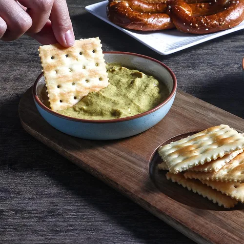Miniatura 5 de Artena Juego de 6 Tazas de 177ml de Cerámica Sólida Turquesa para Chips y Dip con Bandeja de Madera de Acacia, Tazas de Servir Pequeñas de 11.4cm