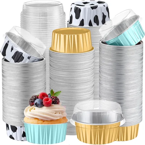 Miniatura 13 de Gejoy 400 Piezas Moldes de Papel de Aluminio para Hornear con Tapas 5 oz Moldes Desechables Ramekins Mini Moldes para Pasteles Crème Brûlée Moldes
