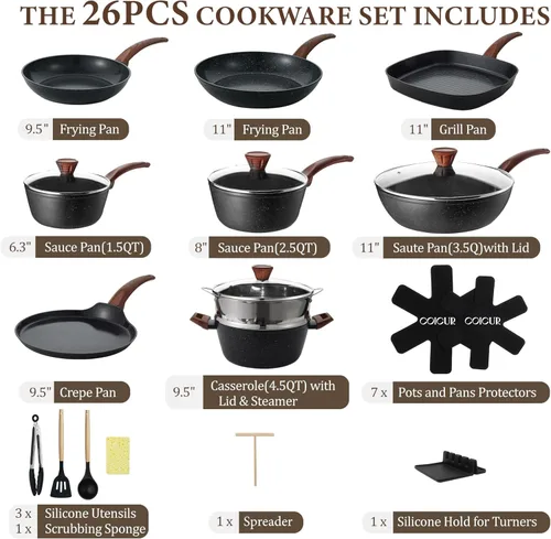 Miniatura 2 de 26 piezas de ollas y sartenes de cerámica antiadherentes, juego de utensilios de cocina no tóxico compatible con inducción con vaporeras, sin