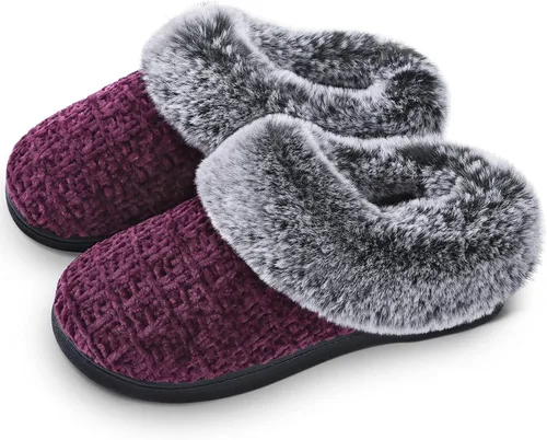 DL Pantuflas tipo mocasín de espuma viscoelástica para mujer, micro gamuza con forro de piel sintética transpirable, sin cordones, para interiores y