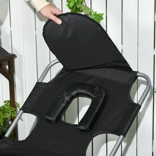 Miniatura 8 de Outsunny Tumbona para exteriores con agujero para el brazo facial, silla de bronceado reclinable de 5 posiciones con correa de transporte, bolsillo