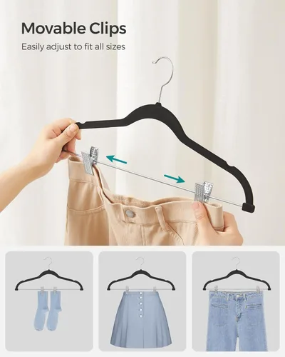 Miniatura 3 de SONGMICS Paquete de 20 perchas para pantalones, perchas de terciopelo de 16.7 pulgadas de largo con clips ajustables, perchas resistentes