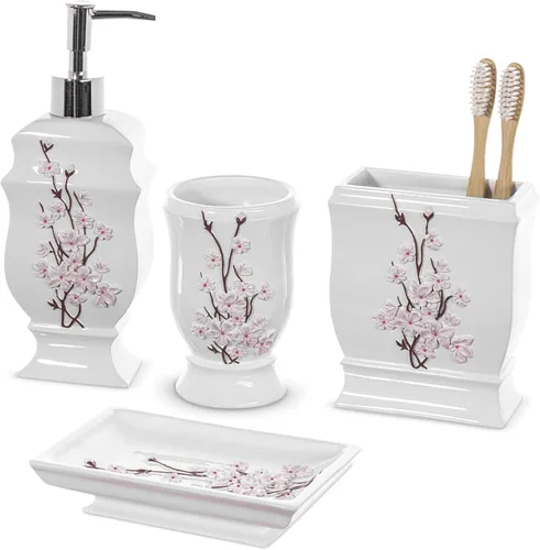 Creative Scents Vanda - Juego de accesorios de baño blanco con flor de cerezo, juego de 4 dispensadores de jabón de baño floral incluye: dispensador