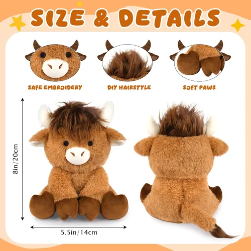 Miniatura 2 de Highland Cow - Animal de peluche esponjoso de 8 pulgadas con pelo elegante, juguete suave de peluche Kawaii abrazable de vaca para niños, niños