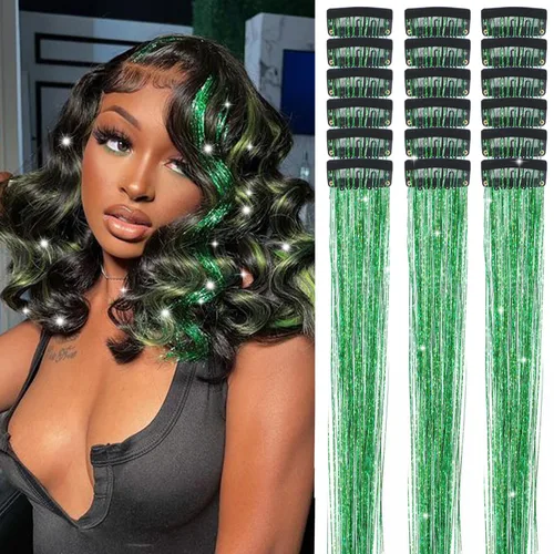 Miniatura 12 de Paquete de 12 extensiones de cabello de oropel con clip, 24 pulgadas, accesorios para el cabello de hada brillante para niñas y mujeres, fiesta