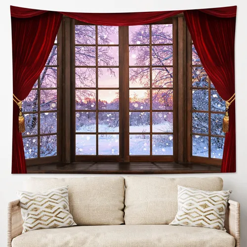 Miniatura 10 de HVEST Tapiz de bosque de invierno para colgar en la pared, montaña, nieve y pino, exterior, ventana de Navidad, arte de pared, tapiz de invierno