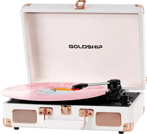 Miniatura 8 de Tocadiscos de vinilo portátil de 3 velocidades con Bluetooth con batería recargable, diseño retro de maleta, salida de línea Aux in/RCA y puertos