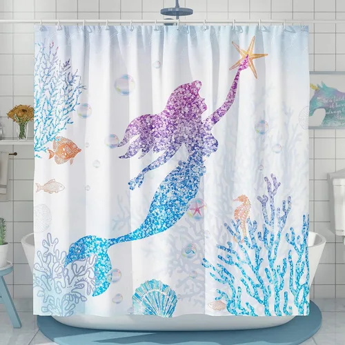 Bonito juego de cortinas de ducha de sirena, cortinas de ducha con escamas de pez con purpurina para baño, decoración de baño de niños, tela de Azul