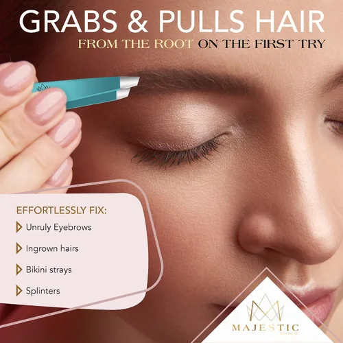 Miniatura 4 de Majestic Bombay Pinzas de punta fina + inclinadas para mujeres y hombres, garrapatas astilladas, depilación facial, cejas y encarnadas, afiladas