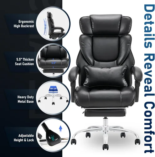 Miniatura 5 de Silla de oficina de respaldo alto con reposacabezas ajustable, reposapiés retráctil y almohada lumbar, silla de escritorio ejecutiva ergonómica