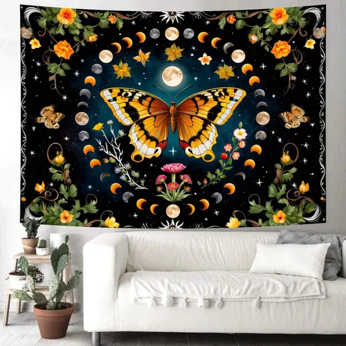 Miniatura 4 de Delur Tapiz de mariposa y luna, flores, botánico, floral, bohemio, tapiz para colgar en la pared, mandala estético, hongo, retro, vintage, cabecero